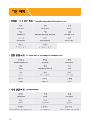 270
▶ 이야기 / 장르 관련 어휘 Үлгэрийн төрөлтэй холбоотой үг хэллэг
설화
үлгэр домог
신화
бурхны домог
전설
домог
민담
ардын үлгэр
우화
амьтдын тухай үлгэр, аллегори
동화
хүүхдийн үлгэр
고전소설
эртний роман
비극
эмгэнэлт жүжиг
희극
хошин жүжиг
영웅담
баатарлаг яриа
지혜담
ухааруулсан яриа
▶ 인물 관련 어휘 Үлгэрийн баатар, дүртэй холбоотой үг хэллэг
등장인물
зохиолын баатар, дүр
주인공
гол баатар
효녀
ачлалт охин
영웅
баатар
열녀
ариун явдалт эмэгтэй
바보
тэнэг
장군
жанжин
양반
тайж язгууртан
서민
энгийн ард
오누이
ах дүүс
새어머니
хадам эх
도깨비
чөтгөр
▶ 기타 관련 어휘 Бусад үг хэллэг
줄거리
товч агуулга
주제
сэдэв
소재
дүр, баатар
결말
төгсгөл
풍자
шүүмжлэлт
교훈
сургамж
권선징악
сайныг сайшааж, мууг шүүмжилсэн
감동적이다
сэтгэл хөдөлгөм
인상적이다
сайхан сэтгэгдэл төрүүлэхүйц
기본 어휘
����������� 4_��(��) 2�_2�.indb 270 2013-10-02 �� 3:37:43
 