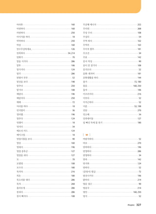 마라톤............................................................................................... 160
마련하다........................................................................................... 160
마련하다........................................................................................... 250
마사지를 하다.................................................................................... 18
막막하다........................................................................................... 250
막상................................................................................................... 160
만수무강하세요............................................................................... 126
만족하다.....................................................................................54, 214
만화가................................................................................................. 70
말을 시키다...................................................................................... 286
말투................................................................................................... 106
망가지다........................................................................................... 124
망각................................................................................................... 286
맞벌이 부부........................................................................................ 52
맞선을 보다...................................................................................... 198
맞추다............................................................................................... 250
맡기다............................................................................................... 108
매달다............................................................................................... 196
매달리다........................................................................................... 250
매매..................................................................................................... 72
머리를 하다........................................................................................ 18
먼지떨이............................................................................................. 36
멀티탭............................................................................................... 196
멈추다............................................................................................... 124
멋쟁이................................................................................................. 18
멋지다................................................................................................. 34
메모리 카드...................................................................................... 124
메이크업............................................................................................. 18
면접시험을 보다................................................................................ 90
명상................................................................................................... 160
명세서............................................................................................... 196
명절 증후군...................................................................................... 127
명절을 쇠다...................................................................................... 127
모......................................................................................................... 70
모델명............................................................................................... 108
모으다............................................................................................... 180
목격자............................................................................................... 216
목돈................................................................................................... 180
목소리를 내다.................................................................................. 286
목적................................................................................................... 268
몰라보게........................................................................................... 286
못되다............................................................................................... 286
못이 빠지다...................................................................................... 108
무공해 에너지.................................................................................. 252
무더위............................................................................................... 268
무상 수리.......................................................................................... 108
무섭다................................................................................................. 54
무역 회사.......................................................................................... 162
무역부............................................................................................... 163
무이자 할부...................................................................................... 181
무조건................................................................................................. 34
무효................................................................................................... 142
문서 작성............................................................................................ 90
문이 안 잠기다 ............................................................................... 108
문지르다............................................................................................. 52
문화·레저비..................................................................................... 181
문화생활을 하다.............................................................................. 144
물가.............................................................................................72, 180
물음.......................................................................................... 160, 250
물자................................................................................................... 196
미끄러지다....................................................................................... 216
미루다................................................................................................. 52
미지근하다......................................................................................... 52
미혼.............................................................................................52, 198
민담................................................................................................... 270
민소매................................................................................................. 34
민족대이동....................................................................................... 127
밑 빠진 독에 물 붓기..................................................................... 180
[ ㅂ ]
바람직하다......................................................................................... 52
바보................................................................................................... 270
반복하다........................................................................................... 196
반영하다........................................................................................... 286
반영하다............................................................................................. 34
반죽................................................................................................... 142
반지하............................................................................................... 124
반하다................................................................................................. 52
(증명서) 발급..................................................................................... 72
발전시키다....................................................................................... 196
밝히다............................................................................................... 214
방문 접수............................................................................................ 90
방송국............................................................................................... 214
방안.......................................................................................... 160, 250
방지..................................................................................................... 52
Ny;е[v 327
����������� 4_��(��) 2�_2�.indb 327 2013-10-02 �� 3:37:49
 