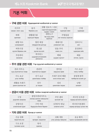 72
▶ 구매 관련 어휘 Худалдаатай холбоотой үг хэллэг
의식주
хувцас, хоол, сууц
물가
барааны үнэ
생활정보지/ 신문
хэрэгтэй мэдээллийн
хуудас / сонин
구입
худалдан авах
구매
худалдаа
매매
арилжаа
생활필수품
хэрэгцээт бараа
세면도구
гар нүүр угаах
хэрэгсэл
주방용품
гал тогооны хэрэгсэл
대형마트
супермаркет
할인매장
хямдралтай дэлгүүр
재래시장
уламжлалт зах
장바구니
сагс
벼룩시장
хуучин барааны зах
중고품
хуучин эд зүйл
덤을주다
нэмж өгөх
흥정하다
худалдаа хийх
주문하다
захиалах
퀵서비스
шуурхай илгээмжийн
үйлчилгээ
택배
шуудан хүргэлт
배송
илгээх, хүргэх
▶ 주거 생활 관련 어휘 Гэр сууцтай холбоотой үг хэллэг
관리사무소
сууц ашиглалтын газар
관리비
ашиглалтын зардал
경비실
харуулын өрөө
가스요금
газны төлбөр
수도요금
усны төлбөр
전기요금
цахилгааны төлбөр
쓰레기분리배출
хогоо ялгаж хаях
종량제봉투
төлбөртэй хогийн уут
재활용쓰레기
дахин ашиглах хог
단수
ус тасрах
정전
цахилгаан тасрах
난방
халаалт
▶ 관공서 이용 관련 어휘 Албан газартай холбоотой үг хэллэг
구청
дүүргийн захиргаа
출입국관리사무소
хилээр шалган нэвтрүүлэх
газар
주민센터
иргэний төв
외국인등록증
гадаад иргэний үнэмлэх
증명사진
үнэмлэхний зураг
구비서류
бүрдүүлэх бичиг баримт
(증명서) 발급
үнэмлэх олгох
외국인지원센터
гадаад иргэдэд туслах төв
▶ 기타 관련 어휘 Бусад үг хэллэг
긴급전화
яаралтай утас
신고
өргөдөл, мэдээлэл
전화개통
утас шинээр тавиулах
응급환자
түргэн тусламжийн өвчтөн
구조요청
тусламж хүсэх
복사
хувилах
기본 어휘
����������� 4_��(��) 2�_2�.indb 72 2013-10-02 �� 3:36:57
 