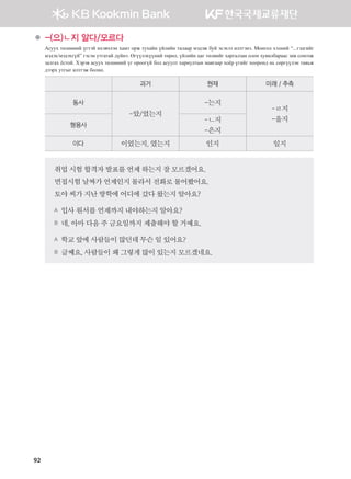 92
	 -(으)ㄴ지 알다/모르다
Асуух төлөөний үгтэй ихэвчлэн хамт орж тухайн үйлийн талаар мэдэж буй эсэхээ илтгэнэ. Монгол хэлний “...гэдгийг
мэдэх/мэдэхгүй” гэсэн утгатай дүйнэ. Өгүүлэхүүний төрөл, үйлийн цаг төлвийг харгалзан олон хувилбараас зөв сонгож
залгах ёстой. Хэрэв асуух төлөөний үг ороогүй бол асуулт хариултын маягаар хоёр үгийг хооронд нь сөргүүлэн тавьж
дээрх утгыг илтгэж болно.
과거 현재 미래 / 추측
동사
-았/었는지
-는지
-ㄹ지
-을지
형용사
-ㄴ지
-은지
이다 이었는지,였는지 인지 일지
취업시험합격자발표를언제하는지잘모르겠어요.
면접시험날짜가언제인지몰라서전화로물어봤어요.
토야씨가지난방학에어디에갔다왔는지알아요?
A 입사원서를언제까지내야하는지알아요?
B 네,아마다음주금요일까지 제출해야할거예요.
A 학교앞에사람들이많던데무슨일있어요?
B 글쎄요,사람들이왜그렇게많이있는지모르겠네요.
����������� 4_��(��) 2�_2�.indb 92 2013-10-02 �� 3:37:00
 