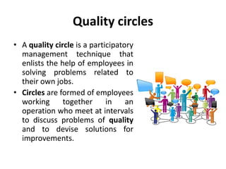 Quality circles
• A quality circle is a participatory
management technique that
enlists the help of employees in
solving problems related to
their own jobs.
• Circles are formed of employees
working together in an
operation who meet at intervals
to discuss problems of quality
and to devise solutions for
improvements.
 