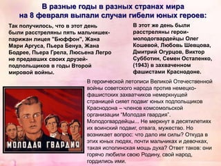 В разные годы в разных странах мира
на 8 февраля выпали случаи гибели юных героев:
В героической летописи Великой Отечественной
войны советского народа против немецко-
фашистских захватчиков немеркнущей
страницей сияет подвиг юных подпольщиков
Краснодона – членов комсомольской
организации “Молодая гвардия”.
Молодогвардейцы... Не меркнут в десятилетиях
их воинский подвиг, отвага, мужество. Но
возникает вопрос: что дало им силы? Откуда в
этих юных людях, почти мальчиках и девочках,
такая исполинская мощь духа? Ответ таков: они
горячо любили свою Родину, свой народ,
гордились ими.
В этот же день были
расстреляны герои-
молодогвардейцы Олег
Кошевой, Любовь Шевцова,
Дмитрий Огурцов, Виктор
Субботин, Семен Остапенко,
(1943) в захваченном
фашистами Краснодоне.
Так получилось, что в этот день
были расстреляны пять мальчишек-
парижан лицея "Бюффон", Жана
Мари Аргуса, Пьера Бенуа, Жана
Бодрее, Пьера Грела, Люсьена Легро
не предавших своих друзей-
подпольщиков в годы Второй
мировой войны.
 