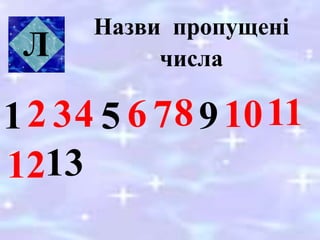 Назви пропущені
числа
1 5 9
13
Л
2 34 6 78 1011
12
 