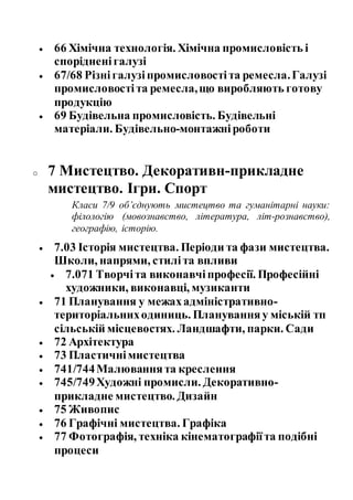  66 Хімічна технологія. Хімічна промисловість і
спорідненігалузі
 67/68 Різнігалузіпромисловостіта ремесла.Галузі
промисловостіта ремесла,що виробляють готову
продукцію
 69 Будівельна промисловість. Будівельні
матеріали. Будівельно-монтажніроботи
o 7 Мистецтво. Декоративн-прикладне
мистецтво. Ігри. Спорт
Класи 7/9 об’єднують мистецтво та гуманітарні науки:
філологію (мовознавство, література, літ-рознавство),
географію, історію.
 7.03 Історія мистецтва. Періоди та фази мистецтва.
Школи, напрями, стиліта впливи
 7.071 Творчіта виконавчіпрофесії. Професійні
художники, виконавці, музиканти
 71 Планування у межахадміністративно-
територіальниходиниць. Плануванняу міській тп
сільській місцевостях. Ландшафти, парки. Сади
 72 Архітектура
 73 Пластичнімистецтва
 741/744Малюваннята креслення
 745/749Художні промисли. Декоративно-
прикладне мистецтво. Дизайн
 75 Живопис
 76 Графічні мистецтва. Графіка
 77 Фотографія, техніка кінематографіїта подібні
процеси
 