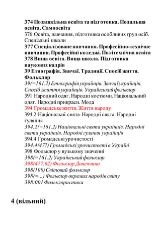 374 Позашкільна освіта та підготовка. Подальша
освіта. Самоосвіта
376 Освіта, навчання, підготовка особливихгруп осіб.
Спеціальні школи
377 Спеціалізованенавчання. Професійно-технічне
навчання. Професійніколеджі. Політехнічна освіта
378 Вища освіта. Вища школа. Підготовка
науковихкадрів
39 Етнографія. Звичаї. Традиції. Спосіб життя.
Фольклор
39(=161.2)Етнографія українців. Звичаїукраїнців.
Спосіб життя українців. Українськийфольклор
391 Народнийодяг. Народні костюми. Національний
одяг. Народніприкраси. Мода
394 Громадськежиття. Життя народу
394.2 Національні свята. Народні свята. Народні
гуляння
394.2(=161.2)Національнісвята українців. Народні
свята українців. Народнігуляння українців
394.4 Громадськіурочистості
394.4(477)Громадськіурочистостів Україні
398 Фольклор у вузькому значенні
398(=161.2)Українськийфольклор
398(477.62)Фольклор Донеччини
398(100)Світовий фольклор
398(=...)Фольклор окремих народів світу
398:001Фольклористика
4 (вільний)
 