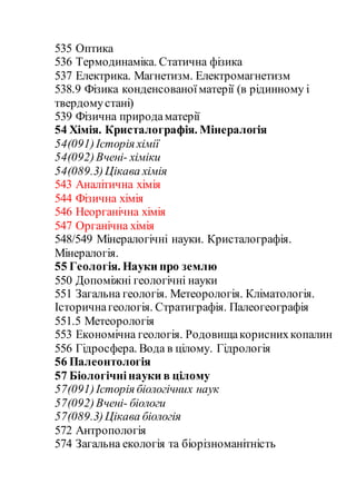 535 Оптика
536 Термодинаміка. Статична фізика
537 Електрика. Магнетизм. Електромагнетизм
538.9 Фізика конденсованоїматерії (в рідинному і
твердомустані)
539 Фізична природаматерії
54 Хімія. Кристалографія. Мінералогія
54(091)Історія хімії
54(092)Вчені- хіміки
54(089.3)Цікава хімія
543 Аналітична хімія
544 Фізична хімія
546 Неорганічна хімія
547 Органічна хімія
548/549 Мінералогічні науки. Кристалографія.
Мінералогія.
55 Геологія. Науки про землю
550 Допоміжні геологічні науки
551 Загальна геологія. Метеорологія. Кліматологія.
Історичнагеологія. Стратиграфія. Палеогеографія
551.5 Метеорологія
553 Економічна геологія. Родовищакориснихкопалин
556 Гідросфера. Вода в цілому. Гідрологія
56 Палеонтологія
57 Біологічнінауки в цілому
57(091)Історія біологічних наук
57(092)Вчені- біологи
57(089.3)Цікава біологія
572 Антропологія
574 Загальна екологія та біорізноманітність
 