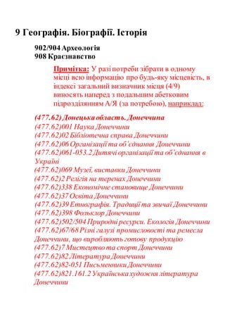 9 Географія. Біографії. Історія
902/904Археологія
908 Краєзнавство
Примітка: У разіпотреби зібрати в одному
місці всю інформацію про будь-яку місцевість, в
індексі загальний визначник місця (4/9)
виносять наперед з подальшим абетковим
підрозділянням А/Я (за потребою), наприклад:
(477.62)Донецькаобласть.Донеччина
(477.62)001 Наука Донеччини
(477.62)02Бібліотечна справа Донеччини
(477.62)06Організаціїта об’єднання Донеччини
(477.62)061-053.2Дитячіорганізаціїта об’єднання в
Україні
(477.62)069 Музеї, виставки Донеччини
(477.62)2Релігія на теренах Донеччини
(477.62)338 Економічне становище Донеччини
(477.62)37Освіта Донеччини
(477.62)39Етнографія. Традиціїта звичаї Донеччини
(477.62)398 Фольклор Донеччини
(477.62)502/504Природніресурси. Екологія Донеччини
(477.62)67/68Різні галузі промисловості та ремесла
Донеччини, що виробляють готову продукцію
(477.62)7Мистецтвота спорт Донеччини
(477.62)82ЛітератураДонеччини
(477.62)82-051 ПисьменникиДонеччини
(477.62)821.161.2Українськахудожня література
Донеччини
 