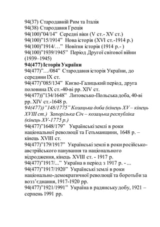 94(37) Стародавній Рим та Італія
94(38) Стародавня Греція
94(100)”04/14” Середні віки (V ст.- XV ст.)
94(100)”15/1914” Нова історія (XVI ст.-1914 р.)
94(100)”1914/…” Новітня історія (1914 р.- )
94(100)”1939/1945” Період Другої світової війни
(1939–1945)
94(477)ІсторіяУкраїни
94(477)”…/084” Стародавня історія України, до
серединиІХ ст.
94(477)”085/134” Києво-Галицькийперіод, друга
половина ІХ ст.-40-ві рр. ХІV ст.
94(477))”134/1648” Литовсько-Польськадоба, 40-ві
рр. ХІV ст.-1648 р.
94(477))”148/1775” Козацька доба (кінець ХV – кінець
XVIII ст.) Запорізька Січ – козацька республіка
(кінець ХV-1775 р.)
94(477)”1648/179” Українськіземлі в роки
національної революції та Гетьманщини, 1648 р. –
кінець XVIII ст.
94(477)”179/1917” Українськіземлі в рокиросійсько-
австрійського панування та національного
відродження, кінець XVIII ст. - 1917 р.
94(477)”1917/...” Україна в період з 1917 р. - ...
94(477)”1917/1920” Українськіземлі в роки
національно-демократичної революції та боротьбиза
возз’єднання,1917-1920 рр.
94(477)”1921/1991” Україна в радянськудобу, 1921 –
серпень 1991 рр.
 