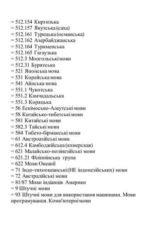 = 512.154 Киргизька
= 512.157 Якутська (саха)
= 512.161 Турецька(османська)
= 512.162 Азербайджанська
= 512.164 Туркменська
= 512.165 Гагаузька
= 512.3 Монгольськімови
= 512.31 Бурятська
= 521 Японськамова
= 531 Корейськамова
= 541 Айнська мова
= 551.1 Чукотська
= 551.2 Камчадальська
= 551.3 Коряцька
= 56 Ескімосько-Алеутськімови
= 58 Китайсько-тибетськімови
= 581 Китайські мови
= 582.3 Тайськімови
= 584 Тибето-бірманськімови
= 61 Австроазійськімови
= 612.4 Камбоджійська(кхмерская)
= 621 Малайсько-полінезійські мови
= 621.21 Філіппінська група
= 622 Мови Океанії
= 71 Індо-тихоокеанські(НЕ індонезійських) мови
= 72 Австралійські мови
= 81/87 Мови індіанців Америки
= 9 Штучні мови
= 93 Штучні мови для використання машинами. Мови
програмування. Комп'ютернімови
 