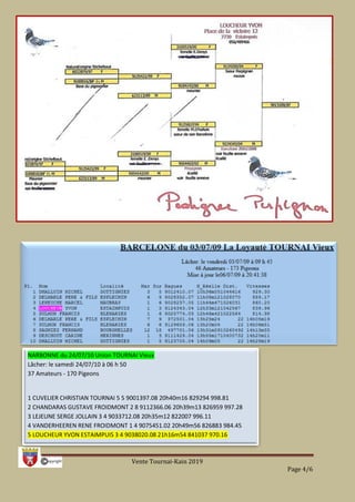Vente Tournai-Kain 2019
Page 4/6
NARBONNE du 24/07/10 Union TOURNAI Vieux
Lâcher: le samedi 24/07/10 à 06 h 50
37 Amateurs - 170 Pigeons
1 CUVELIER CHRISTIAN TOURNAI 5 5 9001397.08 20h40m16 829294 998.81
2 CHANDARAS GUSTAVE FROIDMONT 2 8 9112366.06 20h39m13 826959 997.28
3 LEJEUNE SERGE JOLLAIN 3 4 9033712.08 20h35m12 822007 996.11
4 VANDERHEEREN RENE FROIDMONT 1 4 9075451.02 20h49m56 826883 984.45
5 LOUCHEUR YVON ESTAIMPUIS 3 4 9038020.08 21h16m54 841037 970.16
 