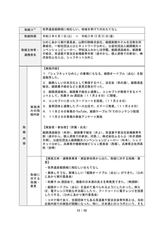 13 / 32
取組３※1 世界遺産姫路城に相応しい、地域を挙げてのおもてなし
取組時期 令和 3 年 6 月 1 日(火) ～ 令和 3 年 12 月 31 日(金)
取組主体者・
連携者名
ひめじあかり実行委員会、山野印刷株式会社、姫路旅館ホテル生活衛生同
業組合、一般社団法人ひとネットワークひめじ、公益社団法人姫路観光コ
ンベンションビューロー、学校法人みかしほ学園、姫路酒造組合、姫路菓
子組合、茶道裏千家淡交会播磨青年部（途中から、個人資格での参加）
、株
式会社ふるらぶ、シェフネットひめじ
取
組
内
容
実施済
みの取
組内容
【実施内容】
１．
「シェフネットひめじ」の象徴にもなる、姫路オードブル（点心）を製
造販売した。
２．姫路らしい日本文化として発信するべく、淡交会（茶の湯）
、姫路酒造
組合、姫路菓子組合などと意見交換を行った。
３．姫路酒造組合、姫路菓子組合と連携し、コンセプトが発信できるイベ
ントとして、和菓子 de 酒話会（１１月２８日）に開催。
４．コンセプトに合ったフードコートを設営。
（１１月２８日）
５．食育団体と連携したブース出店や、ステージ発表。
（１１月２８日）
６．１１月２８日事業の YouTube、姫路ケーブル TV でのコンテンツ配信
７．１１月２８日事業の事後アンケート実施
【実施者・参加者】
（所属・氏名）
姫路酒造組合（本田）
、姫路菓子組合（井上）
、茶道裏千家淡交会播磨青年
部（途中から、個人資格での参加。河原。
）
、株式会社ふるらぶ（利き酒師
片桐）
、公益社団法人姫路観光コンベンションビューロー（杉本）
、シェフ
ネットひめじ、兵庫県中播磨地域ビジョン委員会（西尾）
、兵庫県立佐用高
校（岩崎）
取組に
対する
指摘・
意見
【実施主体・連携事業者・実証参加者から出た、取組に対する指摘・意
見】
・世界遺産姫路城に相応しいおもてなし
・美味しそうな、素晴らしい「姫路オードブル（点心）
」ができた。
（ひめ
じあかり実行委員会）
・和菓子 de 酒話会で、播磨の日本酒の良さを再発見できた。
（唎酒師）
・姫路オードブル（点心）を温めて食べられるようにしたかった。例え
ば、電子レンジ可能な弁当箱にしたり、フードコートに電子レンジを設置
したりする。
（ひめじあかり実行委員会）
・コロナ禍であり、全国団体でもある茶道裏千家淡交会青年部とは、当初
企画内容での実施が困難になった。特に、日本酒とのコラボという、そも
 