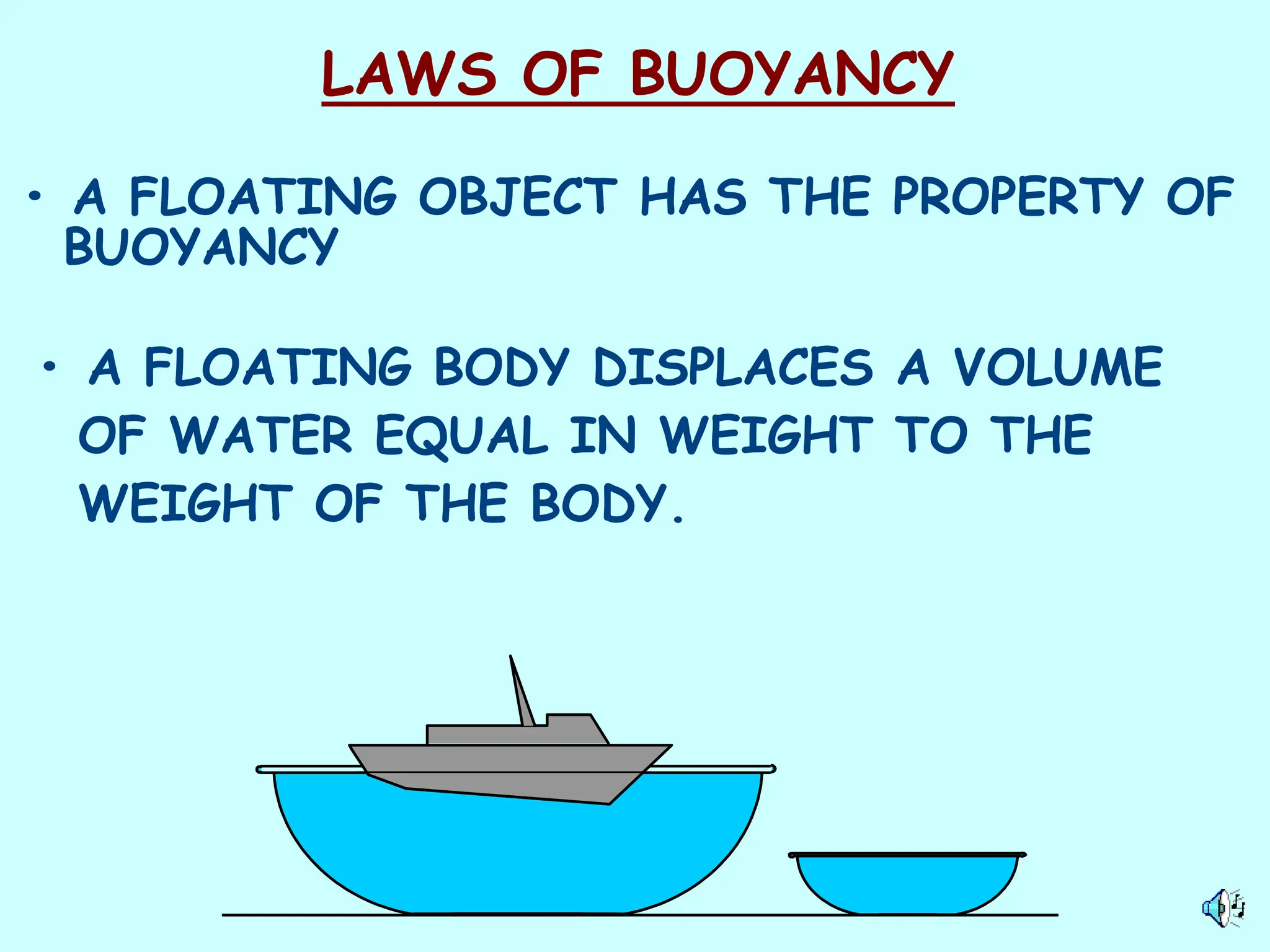 LAWS OF BUOYANCY
• A FLOATING OBJECT HAS THE PROPERTY OF
BUOYANCY
• A FLOATING BODY DISPLACES A VOLUME
OF WATER EQUAL IN WEIGHT TO THE
WEIGHT OF THE BODY.
 
