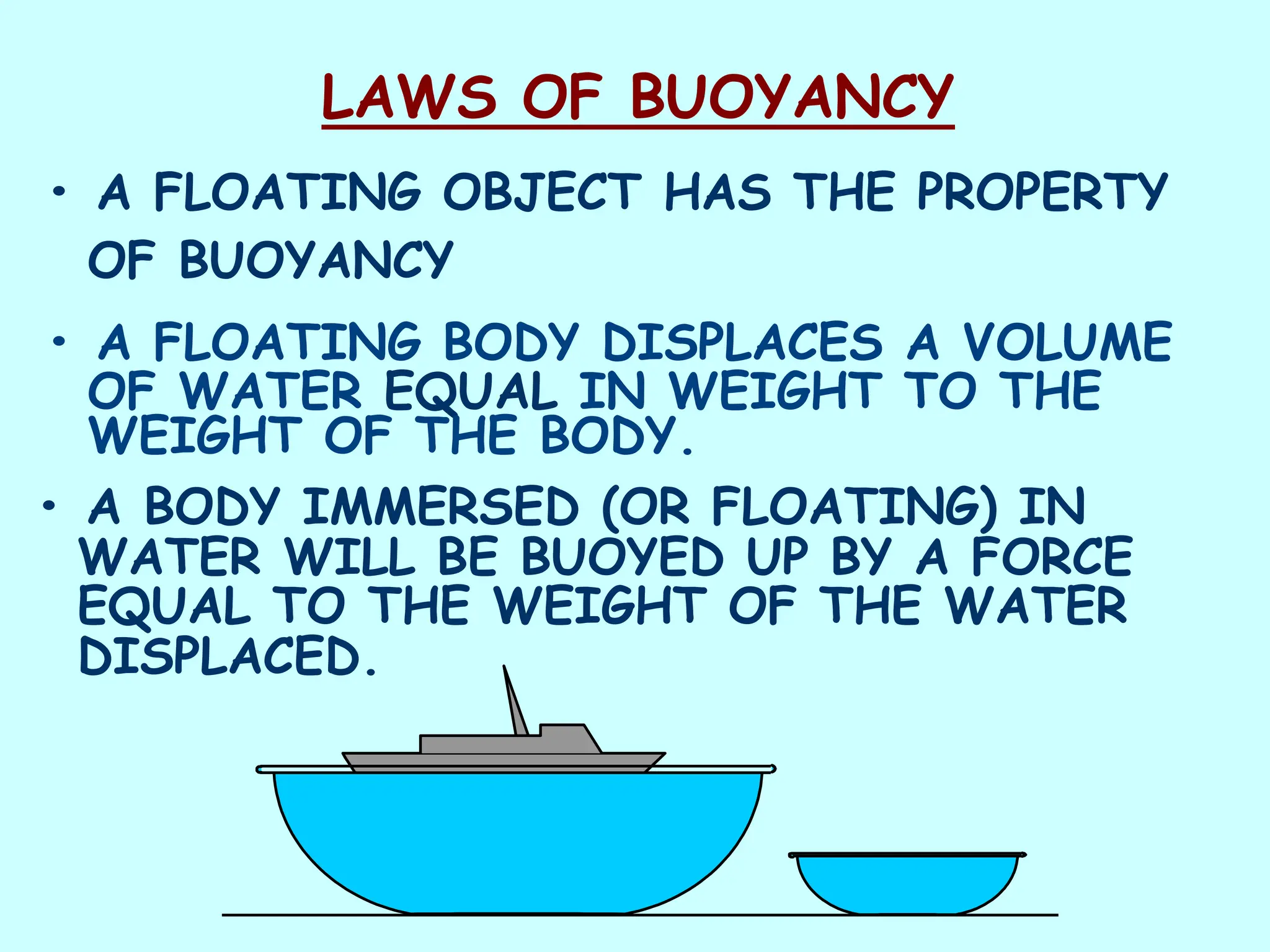 LAWS OF BUOYANCY
• A FLOATING OBJECT HAS THE PROPERTY
OF BUOYANCY
• A FLOATING BODY DISPLACES A VOLUME
OF WATER EQUAL IN WEIGHT TO THE
WEIGHT OF THE BODY.
• A BODY IMMERSED (OR FLOATING) IN
WATER WILL BE BUOYED UP BY A FORCE
EQUAL TO THE WEIGHT OF THE WATER
DISPLACED.
 