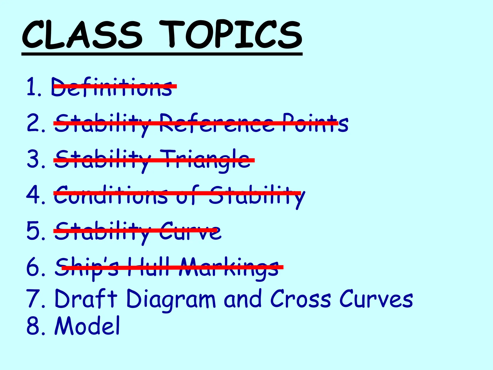 CLASS TOPICS
1. Definitions
2. Stability Reference Points
3. Stability Triangle
4. Conditions of Stability
5. Stability Curve
6. Ship’s Hull Markings
7. Draft Diagram and Cross Curves
8. Model
 