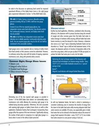 4
An aside to the discussion on optimizing level control for improved
operational efficiency of the boiler/steam drums is the sight/gauge
glass requirement delineated in Section 1 of the ASME Boiler Code.
Sight gauges serve a very important role as a backup to boiler/steam
drum level controls so their presence cannot be understated. However,
in continuous service they come with the burden of ongoing, expensive
maintenance costs, along with potential safety concerns.
Eliminating one of the two required sight gauges as provided in
Section 1 of the ASME Boiler Code (above) can substantially reduce
maintenance costs while allowing the remaining sight gauge to be
isolated during day-to-day operation. Oftentimes, the costs associated
with repairing sight gauges on boilers/steam drums as well as other
applications (feedwater heaters/heat exchangers) incorporating these
gauges offset the expense of the new instrument. Significantly reducing
the number of leak points in comparison to a sight glass/gauge is a
bonus when it comes to the safety of plant personnel.	
Deaerator
Another key level application, oftentimes, overlooked when discussing
efficiency is the deaerator with its primary functions being the removal
of oxygen and other corrosive gases from the boiler feed water to
reduce damage to hardware while ensuring sufficient boiler feed water
heater inventory to meet the demand for steam. However, a deaerator
also serves as an “open” type or deaerating feedwater heater not too
dissimilar to a “closed” type or shell and tube feedwater heater. In this
respect, the deaerator performs its function of deaeration while at the
same time using steam, which can give up about 970 Btu per pound, to
preheat the boiler feed water prior to entry into the boiler.
As with any feedwater heater, the level is critical in maintaining a
consistent condensing zone to maximize the transfer of energy from
the steam to the boiler feed water while ensuring adequate boiler feed
water reserves are available. Of course, any appreciable gains in boiler
feed water that can be achieved in the deaerator reduces the amount of
energy (fuel) required at the boiler – every 10.8°F (6°C) rise in boiler
feed water amounts to a one percent savings in fuel cost.
PG−60.1.1 Boilers having a maximum allowable working
pressure exceeding 400 psi (3 MPa) shall have two gauge
glasses.
Instead of one of the two required gauge glasses, two
independent remote water level indicators (two discrete systems
that continuously measure, transmit, and display water level)
may be provided.
PG−60.1.1.2 When two independent remote water level
indicators are in reliable operation (continuously indicating water
level), the one required gauge glass may be shut off, but shall be
maintained in the serviceable condition.
Optimizing the heat exchanger aspects of the deaerator with
enhanced level technologies can improve energy transfer. Every
10.8°F (6°C) rise in boiler feedwater amounts to a 1 percent
savings in fuel.
Aurora®
:
Magnetic Level Indicator with Integral Guided Wave Radar
Makeup Water
Deaeration Steam
from Boiler or
Blowdown Flash Tank
Heating Steam
from Boiler or
Blowdown
Flash Tank
Feed Water to Boiler
Deaeration and Storage
Boiler Feed Water
Common Sight/Gauge Glass Issues
• Steam cuts
• Integral valve failure
• Gasket/seal leakage
• Glass erosion/fatigue
Repair Kit
Seals/Gaskets
Kit with Glass
$660.00
$1,600.00
Shop Time
4 hrs @ $35/hr (est.) $140.00
Installation Time
4 hrs @ $35/hr (est.) $140.00
Vessel/Process
Downtime
1 Day at $$$
4
Figure 3
 