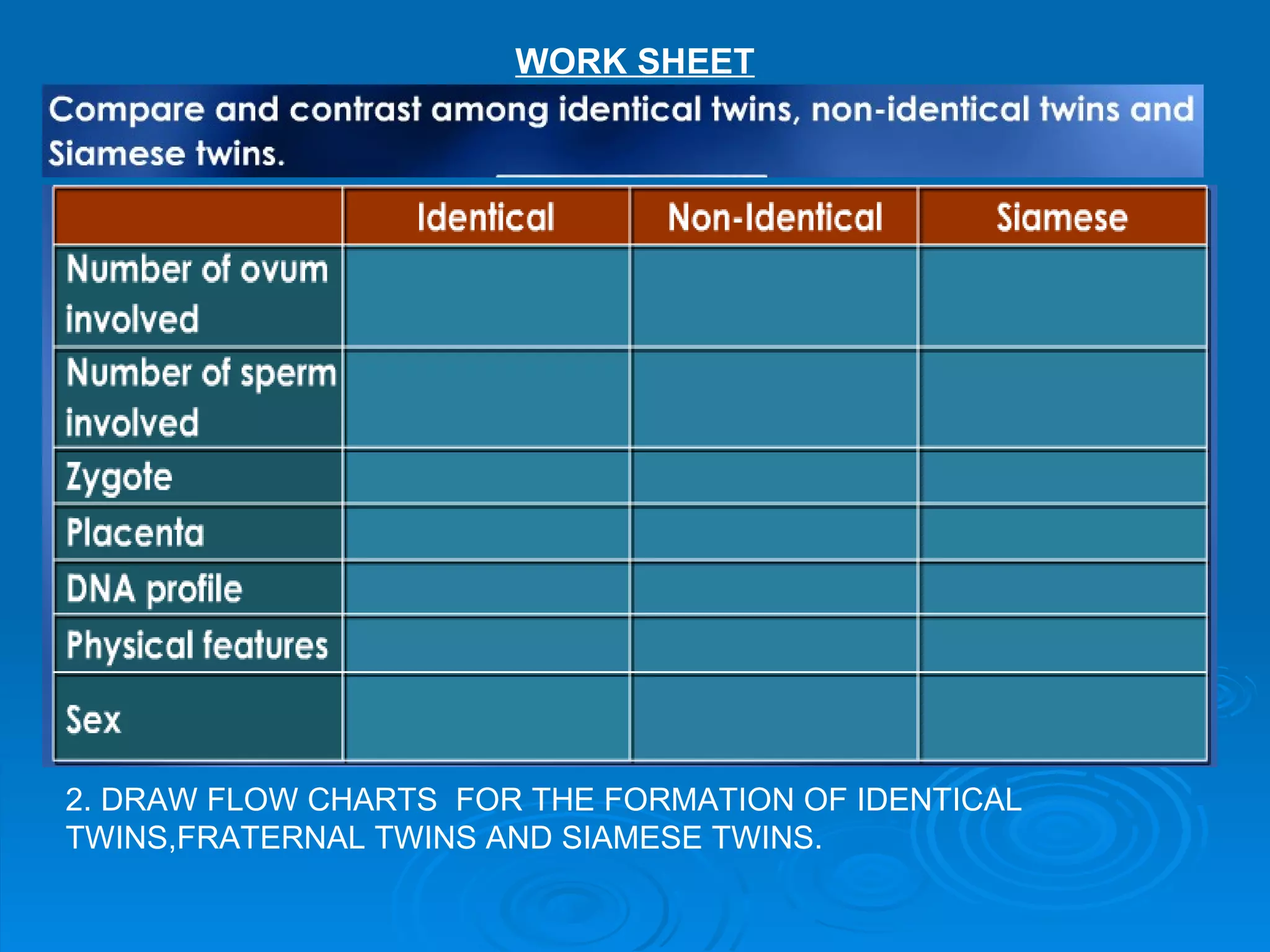 WORK SHEET




2. DRAW FLOW CHARTS FOR THE FORMATION OF IDENTICAL
TWINS,FRATERNAL TWINS AND SIAMESE TWINS.
 