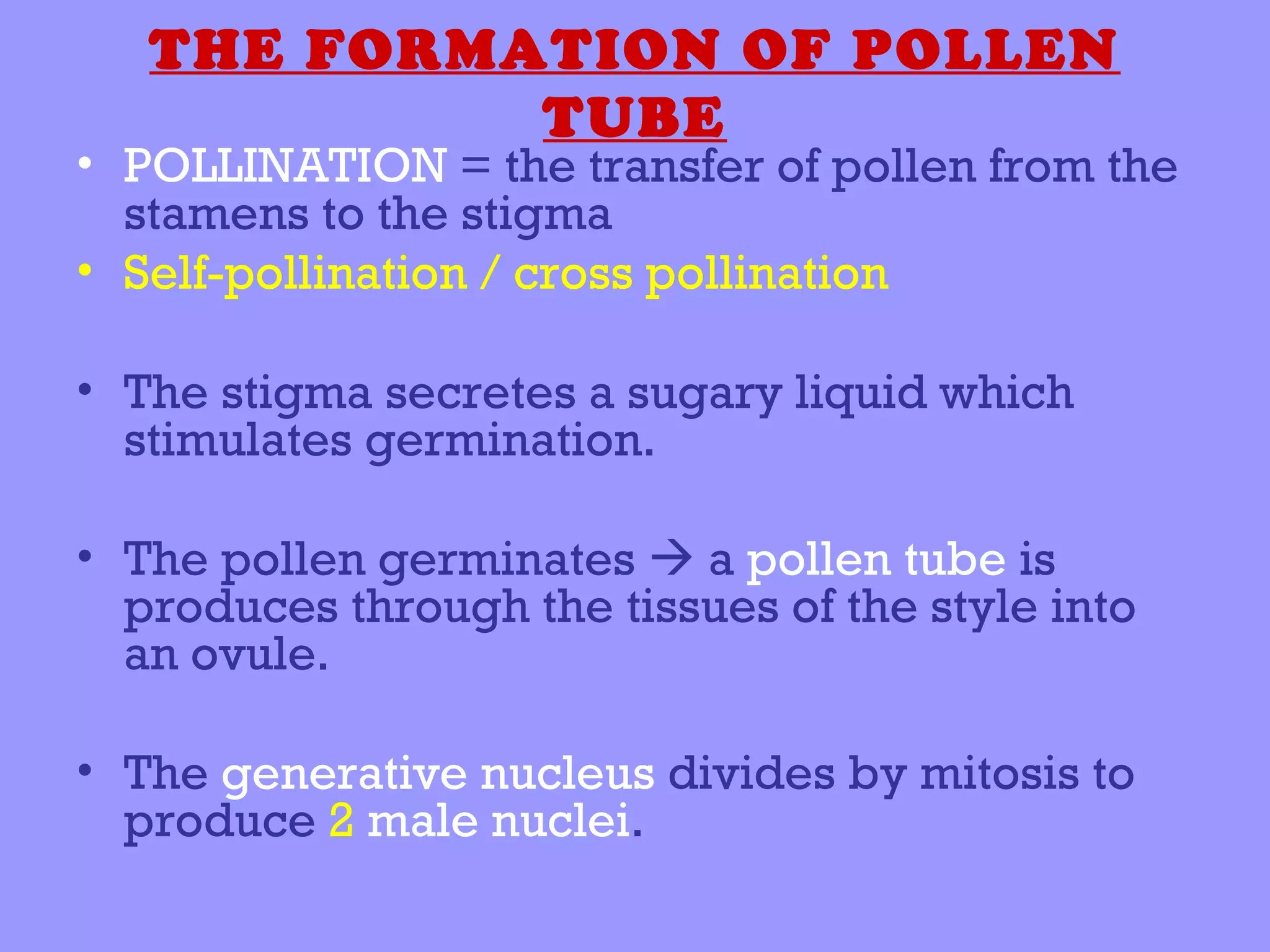 THE FORMATION OF POLLEN
            TUBE
• POLLINATION = the transfer of pollen from the
  stamens to the stigma
• Self-pollination / cross pollination

• The stigma secretes a sugary liquid which
  stimulates germination.

• The pollen germinates  a pollen tube is
  produces through the tissues of the style into
  an ovule.

• The generative nucleus divides by mitosis to
  produce 2 male nuclei.
 