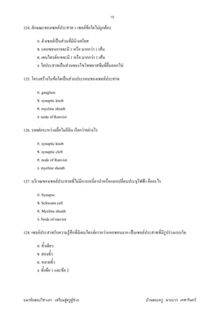F ก : F F F F : F
19
124. ก F 1 F F F ก F
ก. F ˈ F
. ก 1 กก F 1 F
. F 1 กก F 1 F
. ˈ F ก
125. F F ˈ F ก F
ก. ganglion
. synaptic knob
. myeline sheath
. node of Ranvior
126. F F ก F F
ก. synaptic knob
. synaptic cleft
. node of Ranvior
. myeline sheath
127. F F ก ก ˂
ก. Synapse
. Schwann cell
. Myeline sheath
. Node of ranvior
128. F F ก F ก F ก ก ˈ F F
ก.
.
. F 1 F 2
 