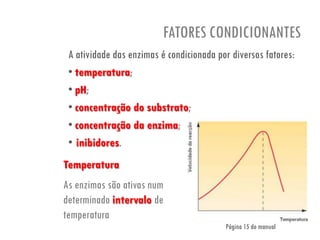 FATORES CONDICIONANTES
A atividade das enzimas é condicionada por diversos fatores:
• temperatura;
• pH;
• concentração do substrato;
• concentração da enzima;
• inibidores.
Temperatura
As enzimas são ativas num
determinado intervalo de
temperatura
Página 15 do manual
 
