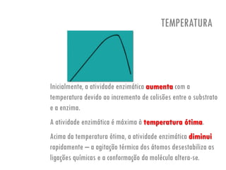 TEMPERATURA
Inicialmente, a atividade enzimática aumenta com a
temperatura devido ao incremento de colisões entre o substrato
e a enzima.
A atividade enzimática é máxima à temperatura ótima.
Acima da temperatura ótima, a atividade enzimática diminui
rapidamente – a agitação térmica dos átomos desestabiliza as
ligações químicas e a conformação da molécula altera-se.
 