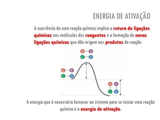 ENERGIA DE ATIVAÇÃO
A ocorrência de uma reação química implica a rutura de ligações
químicas nas moléculas dos reagentes e a formação de novas
ligações químicas que dão origem aos produtos da reação.
A energia que é necessário fornecer ao sistema para se iniciar uma reação
química é a energia de ativação.
 