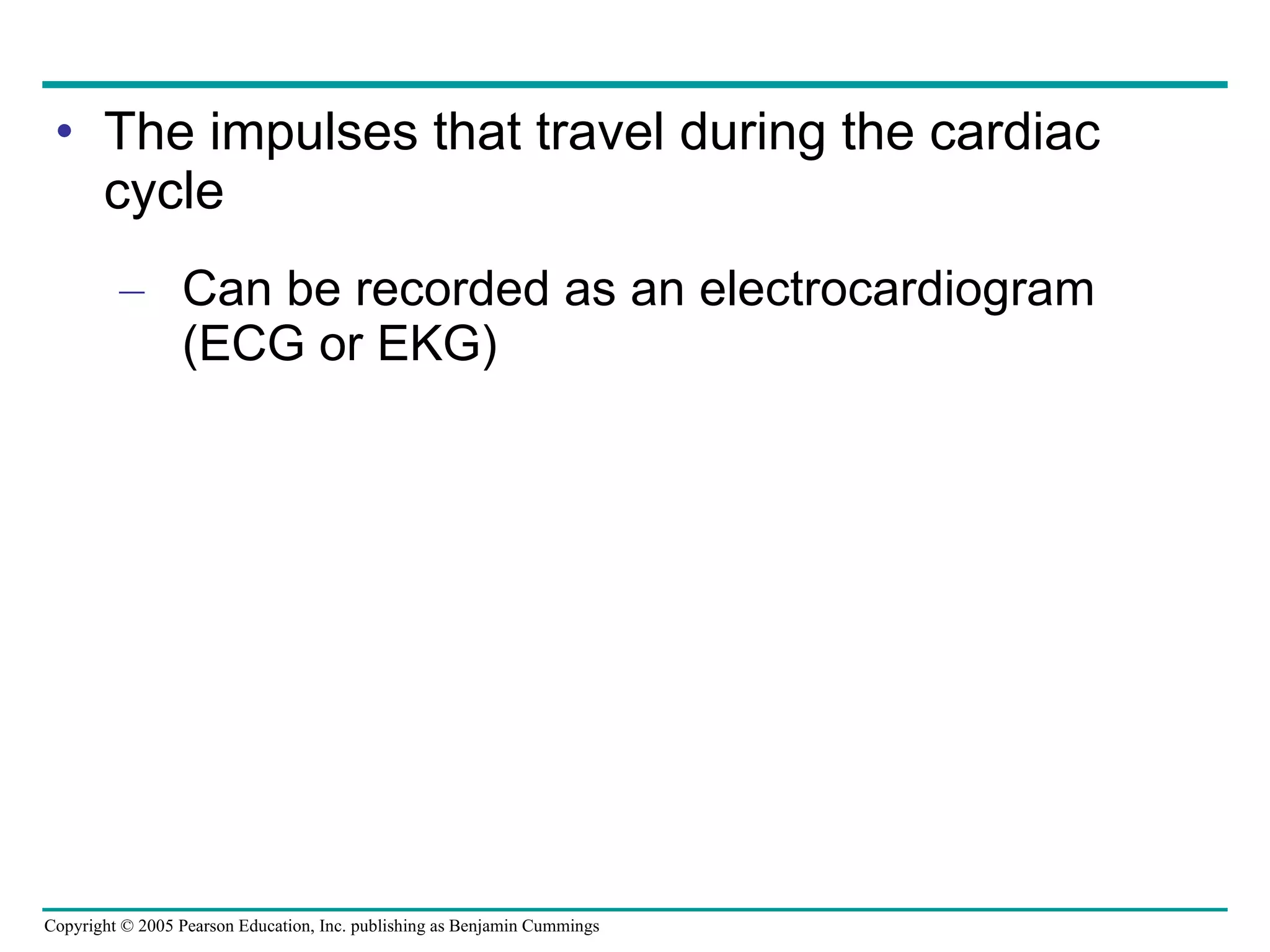 The impulses that travel during the cardiac cycle Can be recorded as an electrocardiogram (ECG or EKG) 