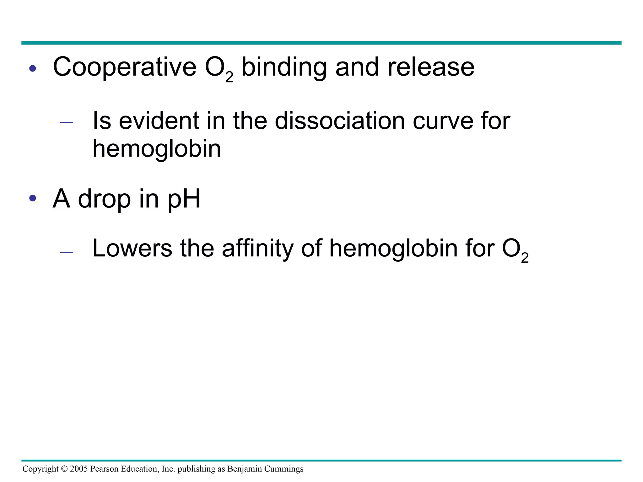 Cooperative O 2  binding and release Is evident in the dissociation curve for hemoglobin A drop in pH Lowers the affinity of hemoglobin for O 2 
