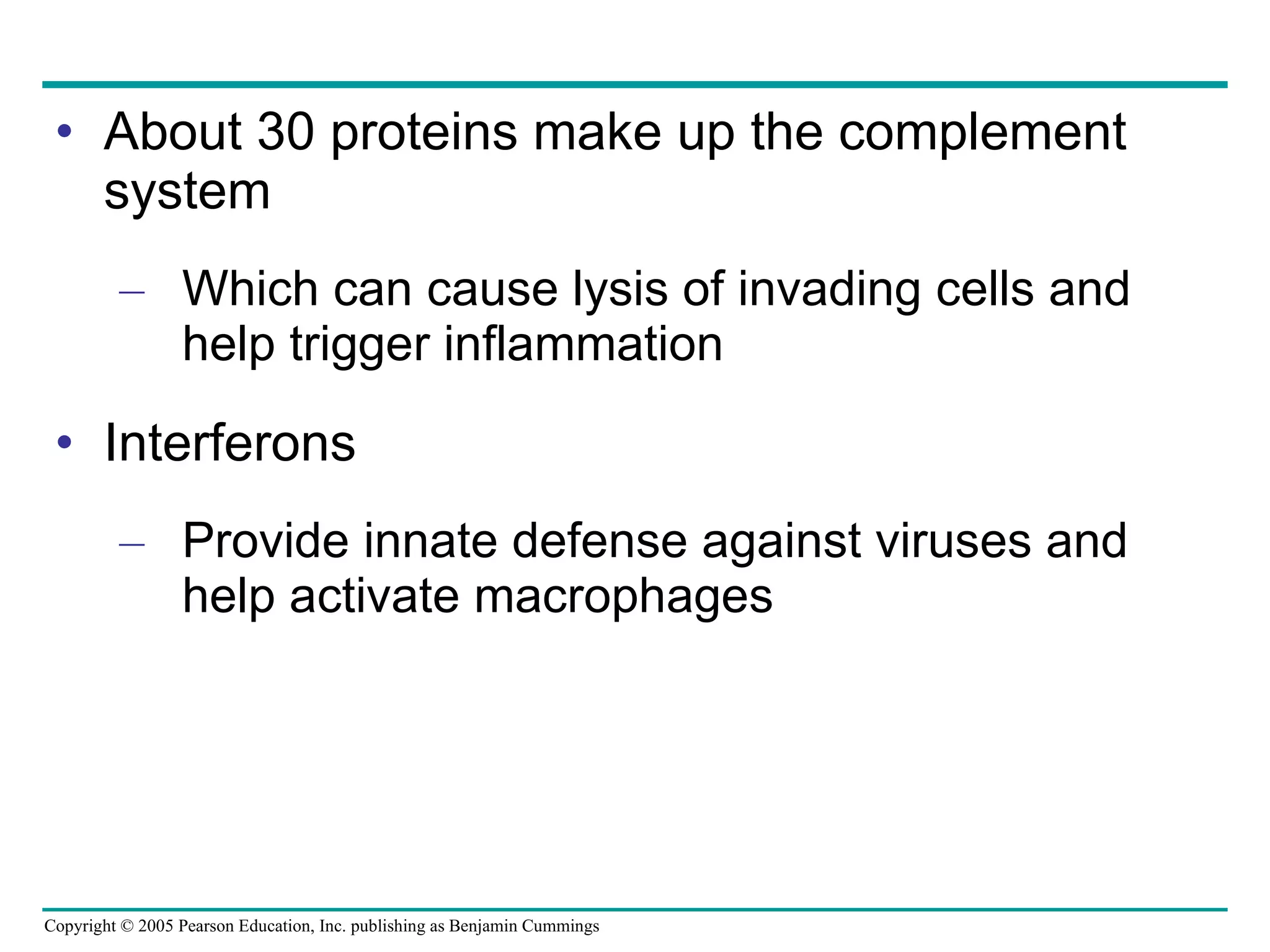 About 30 proteins make up the complement system Which can cause lysis of invading cells and help trigger inflammation Interferons Provide innate defense against viruses and help activate macrophages 