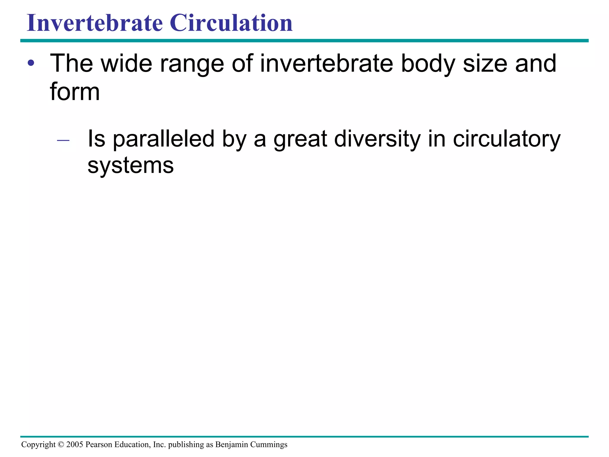 Invertebrate Circulation The wide range of invertebrate body size and form Is paralleled by a great diversity in circulatory systems 