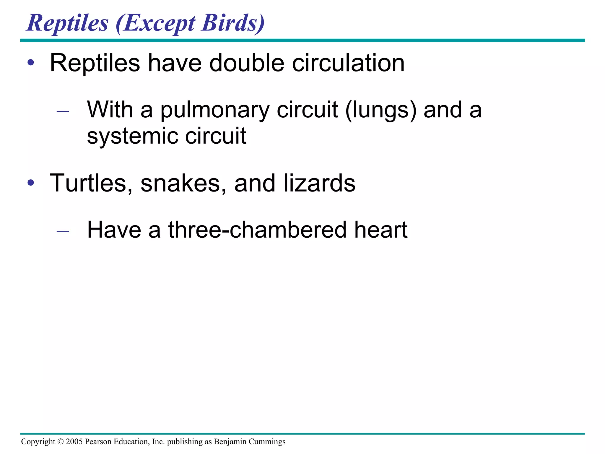 Reptiles (Except Birds) Reptiles have double circulation With a pulmonary circuit (lungs) and a systemic circuit Turtles, snakes, and lizards Have a three-chambered heart 
