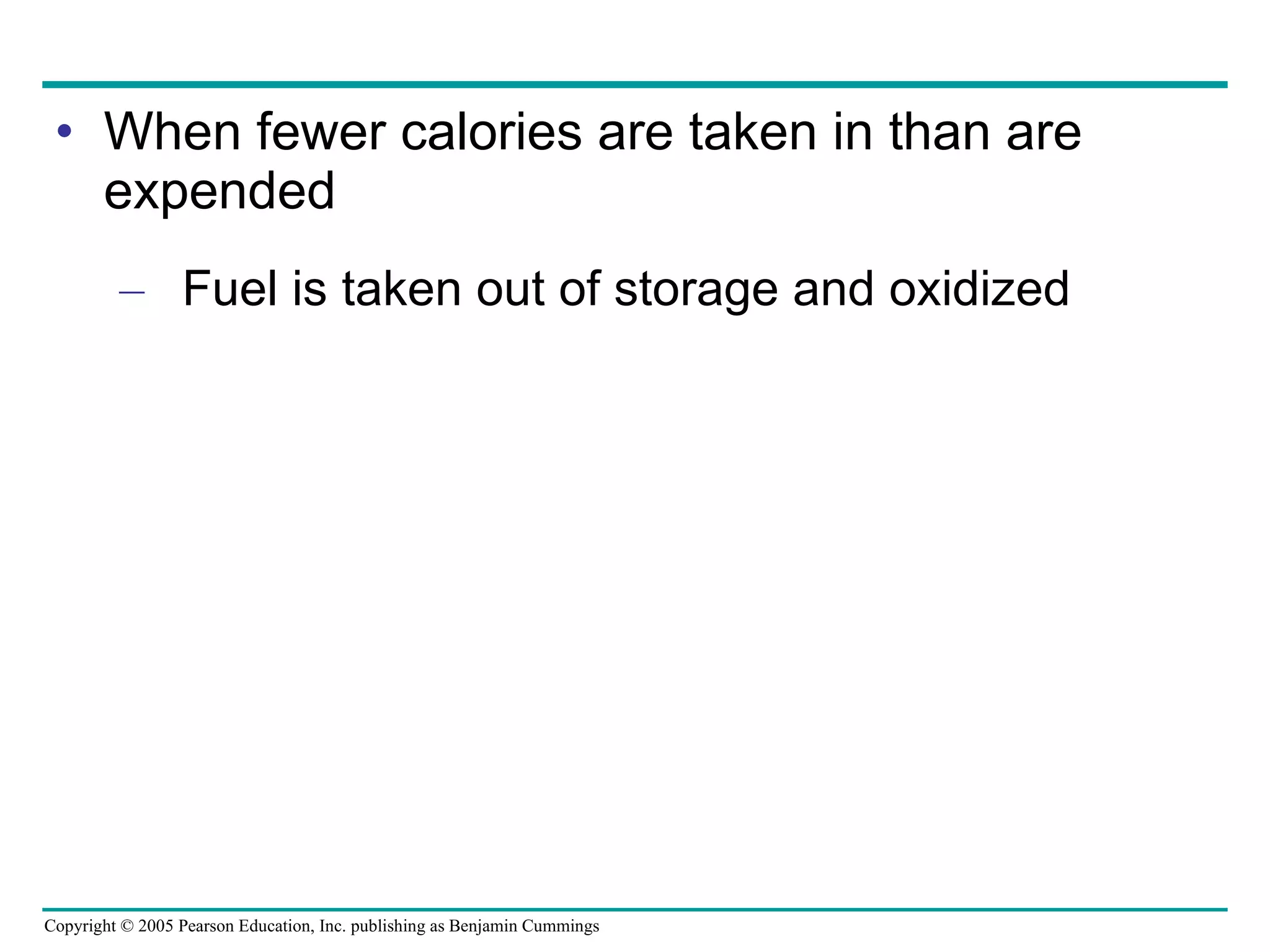 When fewer calories are taken in than are expended Fuel is taken out of storage and oxidized 