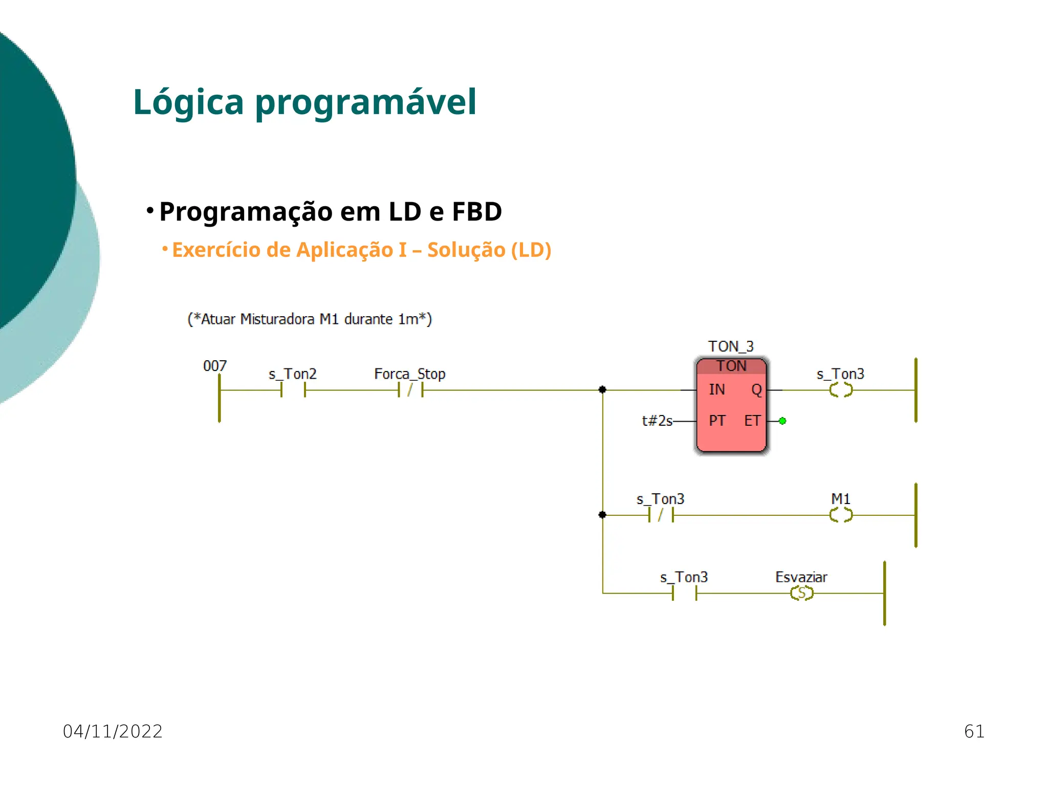 04/11/2022 61
Lógica programável
• Programação em LD e FBD
• Exercício de Aplicação I – Solução (LD)
 