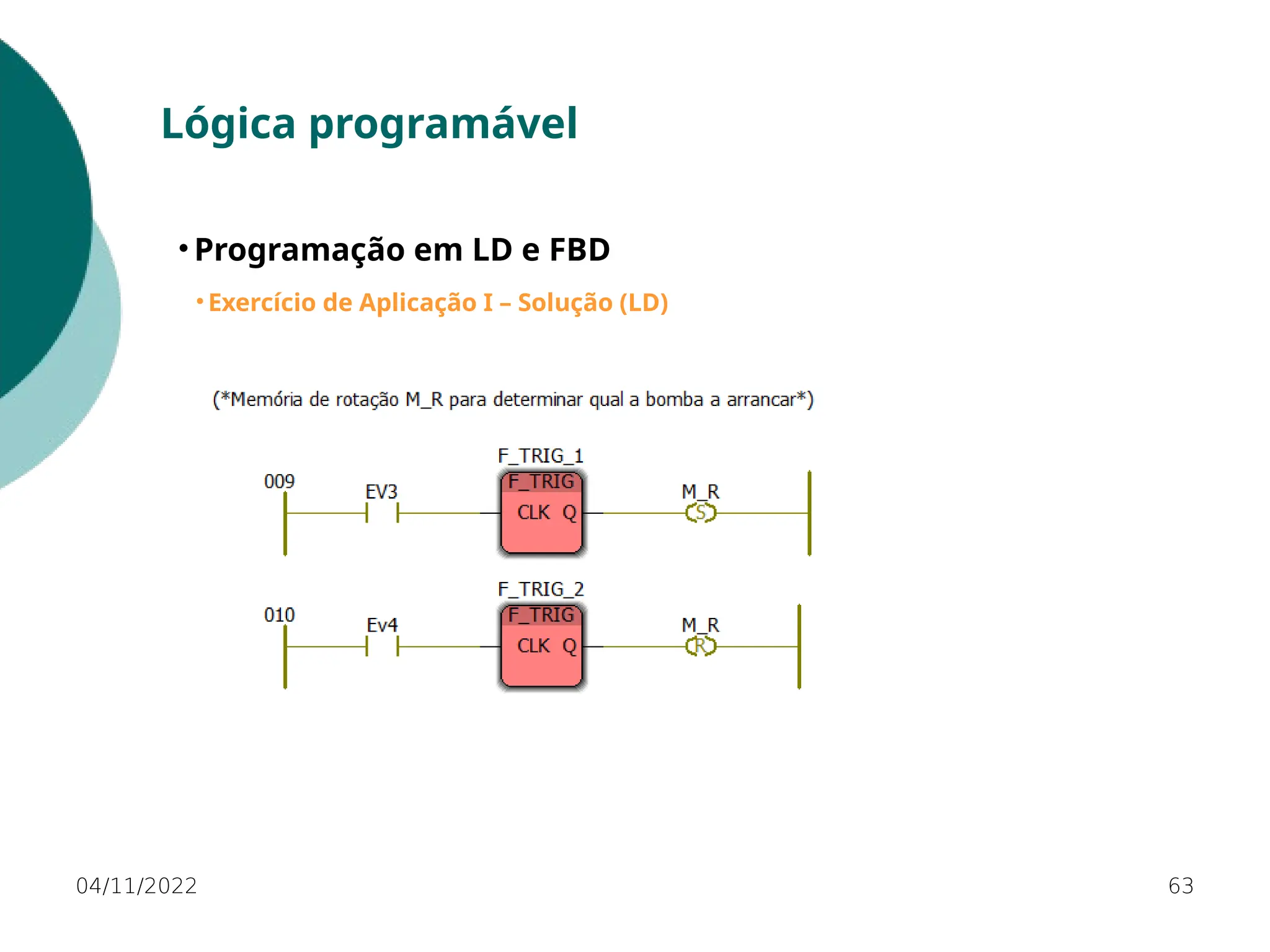 04/11/2022 63
Lógica programável
• Programação em LD e FBD
• Exercício de Aplicação I – Solução (LD)
 
