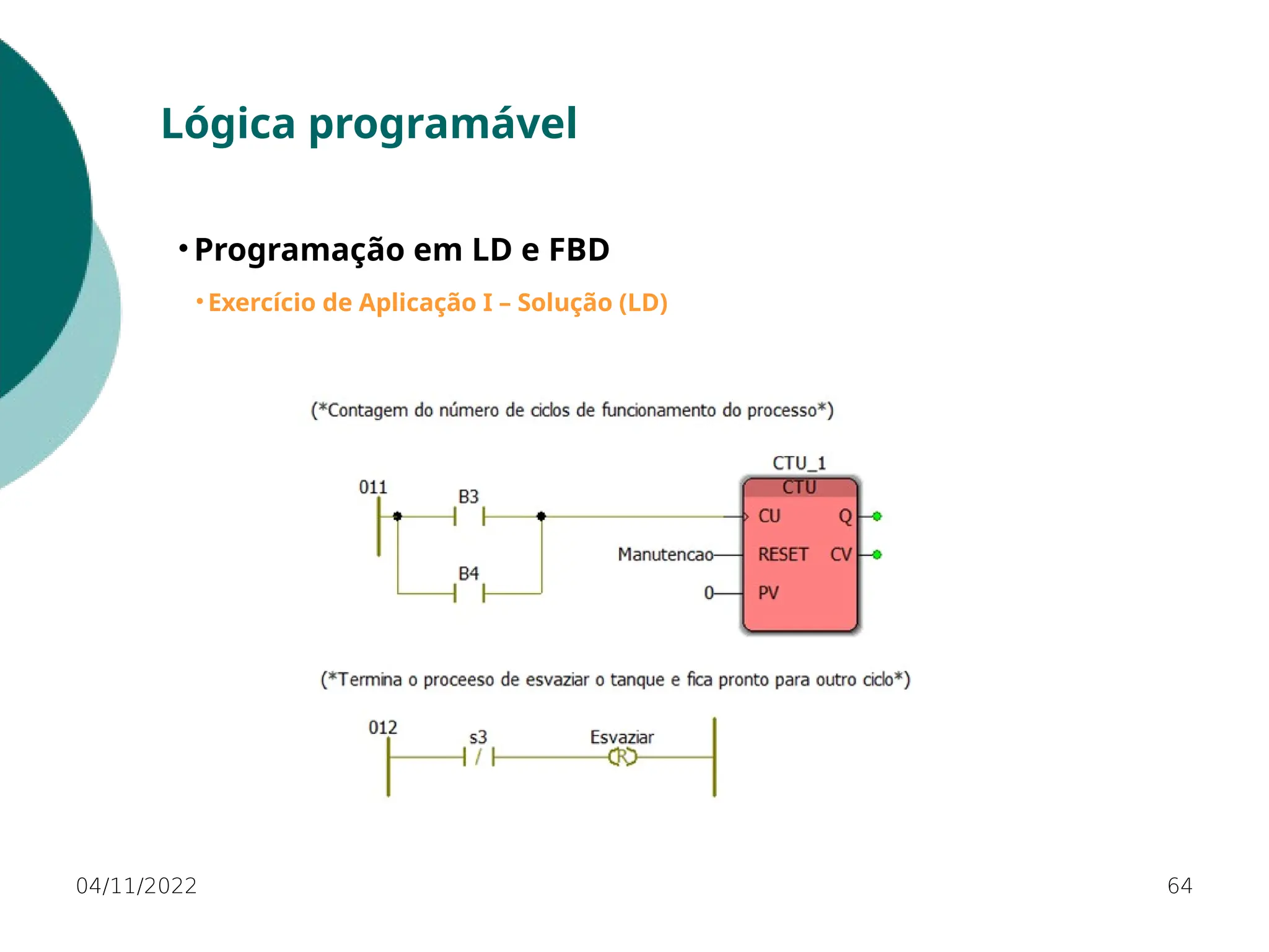 04/11/2022 64
Lógica programável
• Programação em LD e FBD
• Exercício de Aplicação I – Solução (LD)
 