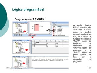 04/11/2022 20
Lógica programável
• Programar em PC WORX
A pasta “Logical
POUs” contém três
elementos: o “Main”
onde se podem
arrastar e colocar as
funções e blocos de
funções desejadas; o
“MainV” onde se
declaram ou
observam as
variáveis locais do
programa e o
“MainT” onde se
pode colocar um
texto com a
descrição do
programa.
 