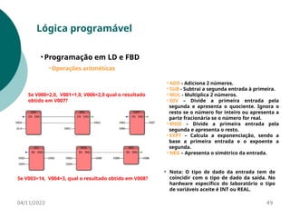 04/11/2022 49
Lógica programável
• Programação em LD e FBD
• Operações aritméticas
⚬ADD - Adiciona 2 números.
⚬SUB - Subtrai a segunda entrada à primeira.
⚬MUL - Multiplica 2 números.
⚬DIV – Divide a primeira entrada pela
segunda e apresenta o quociente. Ignora o
resto se o número for inteiro ou apresenta a
parte fracionária se o número for real.
⚬MOD – Divide a primeira entrada pela
segunda e apresenta o resto.
⚬EXPT – Calcula a exponenciação, sendo a
base a primeira entrada e o expoente a
segunda.
⚬NEG – Apresenta o simétrico da entrada.
Se V000=2,0, V001=1,0, V006=2,0 qual o resultado
obtido em V007?
⚬ Nota: O tipo de dado da entrada tem de
coincidir com o tipo de dado da saída. No
hardware específico do laboratório o tipo
de variáveis aceite é INT ou REAL.
Se V003=14, V004=3, qual o resultado obtido em V008?
 