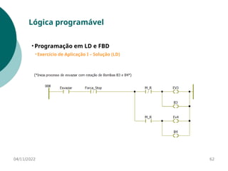 04/11/2022 62
Lógica programável
• Programação em LD e FBD
• Exercício de Aplicação I – Solução (LD)
 