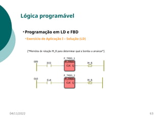 04/11/2022 63
Lógica programável
• Programação em LD e FBD
• Exercício de Aplicação I – Solução (LD)
 