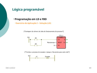 04/11/2022 64
Lógica programável
• Programação em LD e FBD
• Exercício de Aplicação I – Solução (LD)
 