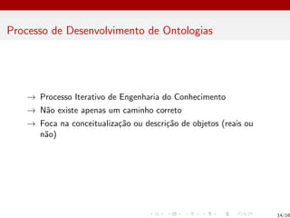 Processo de Desenvolvimento de Ontologias
→ Processo Iterativo de Engenharia do Conhecimento
→ Não existe apenas um caminho correto
→ Foca na conceitualização ou descrição de objetos (reais ou
não)
14/16
 