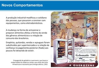 Empórios, quitandas, vendas e açougues foram
substituídos por supermercados e a relação de
confiança no pagamento posterior (fiado) aos
poucos foi deixando de existir.
A mudança na forma de armazenar e
preparar alimentos afetou a forma da venda
dos gêneros alimentícios e a relação de
consumo dos brasileiros.
A produção industrial modificou o cotidiano
das pessoas, que passaram a conviver com
equipamentos, como eletrodomésticos.
Propaganda de geladeira a querosene, que levava a
modernidade da cidade ao campo, que ainda não tinha
infraestrutura necessária para energia elétrica, 1955.
Novos Comportamentos
 