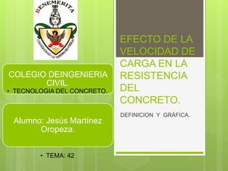 EFECTO DE LA
VELOCIDAD DE
CARGA EN LA
RESISTENCIA
DEL
CONCRETO.
DEFINICION Y GRÁFICA.
COLEGIO DEINGENIERIA
CIVIL.
• TECNOLOGIA DEL CONCRETO.
Alumno: Jesús Martínez
Oropeza.
• TEMA: 42
 