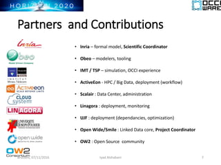 Partners and Contributions
• Inria – formal model, Scientific Coordinator
• Obeo – modelers, tooling
• IMT / TSP – simulation, OCCI experience
• ActiveEon - HPC / Big Data, deployment (workflow)
• Scalair : Data Center, administration
• Linagora : deployment, monitoring
• UJF : deployment (dependancies, optimization)
• Open Wide/Smile : Linked Data core, Project Coordinator
• OW2 : Open Source community
Brussels, 07/11/2016 7Iyad Alshabani
 