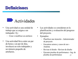 Actividades Definiciones <ul><li>Una actividad es una unidad de trabajo que se asigna a un trabajador. Ej.: </li></ul><ul>...