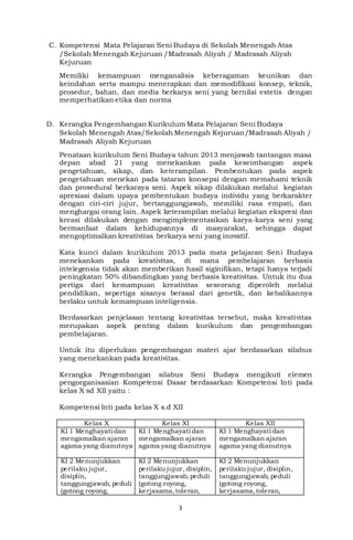 3
C. Kompetensi Mata Pelajaran Seni Budaya di Sekolah Menengah Atas
/Sekolah Menengah Kejuruan /Madrasah Aliyah / Madrasah Aliyah
Kejuruan
Memiliki kemampuan menganalisis keberagaman keunikan dan
keindahan serta mampu menerapkan dan memodifikasi konsep, teknik,
prosedur, bahan, dan media berkarya seni yang bernilai estetis dengan
memperhatikan etika dan norma
D. Kerangka Pengembangan Kurikulum Mata Pelajaran Seni Budaya
Sekolah Menengah Atas/Sekolah Menengah Kejuruan/Madrasah Aliyah /
Madrasah Aliyah Kejuruan
Penataan kurikulum Seni Budaya tahun 2013 menjawab tantangan masa
depan abad 21 yang menekankan pada keseimbangan aspek
pengetahuan, sikap, dan keterampilan. Pembentukan pada aspek
pengetahuan menekan pada tataran konsepsi dengan memahami teknik
dan prosedural berkaraya seni. Aspek sikap dilakukan melalui kegiatan
apresiasi dalam upaya pembentukan budaya individu yang berkarakter
dengan ciri-ciri jujur, bertanggungjawab, memiliki rasa empati, dan
menghargai orang lain. Aspek keterampilan melalui kegiatan ekspresi dan
kreasi dilakukan dengan mengimplementasikan karya-karya seni yang
bermanfaat dalam kehidupannya di masyarakat, sehingga dapat
mengoptimalkan kreativitas berkarya seni yang inovatif.
Kata kunci dalam kurikulum 2013 pada mata pelajaran Seni Budaya
menekankan pada kreativitas, di mana pembelajaran berbasis
intelegensia tidak akan memberikan hasil siginifikan, tetapi hanya terjadi
peningkatan 50% dibandingkan yang berbasis kreativitas. Untuk itu dua
pertiga dari kemampuan kreativitas seseorang diperoleh melalui
pendidikan, sepertiga sisanya berasal dari genetik, dan kebalikannya
berlaku untuk kemampuan inteligensia.
Berdasarkan penjelasan tentang kreativitas tersebut, maka kreativitas
merupakan aspek penting dalam kurikulum dan pengembangan
pembelajaran.
Untuk itu diperlukan pengembangan materi ajar berdasarkan silabus
yang menekankan pada kreativitas.
Kerangka Pengembangan silabus Seni Budaya mengikuti elemen
pengorganisasian Kompetensi Dasar berdasarkan Kompetensi Inti pada
kelas X sd XII yaitu :
Kompetensi Inti pada kelas X s.d XII
Kelas X Kelas XI Kelas XII
KI 1 Menghayati dan
mengamalkan ajaran
agama yang dianutnya
KI 1 Menghayati dan
mengamalkan ajaran
agama yang dianutnya
KI 1 Menghayati dan
mengamalkan ajaran
agama yang dianutnya
KI 2 Menunjukkan
perilaku jujur,
disiplin,
tanggungjawab, peduli
(gotong royong,
KI 2 Menunjukkan
perilaku jujur, disiplin,
tanggungjawab, peduli
(gotong royong,
kerjasama,toleran,
KI 2 Menunjukkan
perilaku jujur, disiplin,
tanggungjawab, peduli
(gotong royong,
kerjasama,toleran,
 