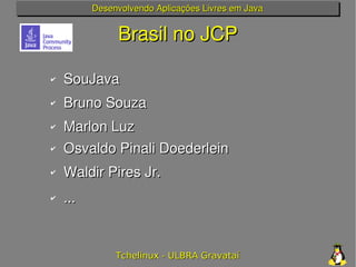 Desenvolvendo Aplicações Livres em Java


               Brasil no JCP

✔   SouJava
✔   Bruno Souza
✔   Marlon Luz
✔   Osv...