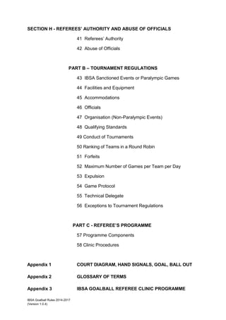 IBSA Goalball Rules 2014-2017
(Version 1.0.4)
SECTION H - REFEREES’ AUTHORITY AND ABUSE OF OFFICIALS
41 Referees’ Authority
42 Abuse of Officials
PART B – TOURNAMENT REGULATIONS
43 IBSA Sanctioned Events or Paralympic Games
44 Facilities and Equipment
45 Accommodations
46 Officials
47 Organisation (Non-Paralympic Events)
48 Qualifying Standards
49 Conduct of Tournaments
50 Ranking of Teams in a Round Robin
51 Forfeits
52 Maximum Number of Games per Team per Day
53 Expulsion
54 Game Protocol
55 Technical Delegate
56 Exceptions to Tournament Regulations
PART C - REFEREE’S PROGRAMME
57 Programme Components
58 Clinic Procedures
Appendix 1 COURT DIAGRAM, HAND SIGNALS, GOAL, BALL OUT
Appendix 2 GLOSSARY OF TERMS
Appendix 3 IBSA GOALBALL REFEREE CLINIC PROGRAMME
 