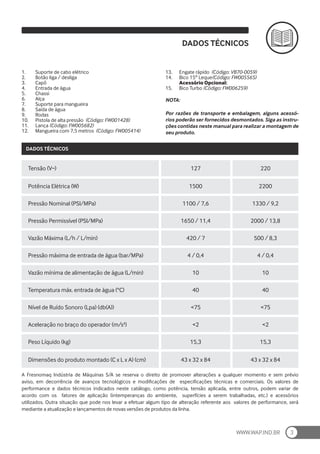 WWW.WAP.IND.BR 3
1.	 Suporte de cabo elétrico
2.	 Botão liga / desliga
3.	 Capô
4.	 Entrada de água
5.	 Chassi
6.	 Alça
7.	 Suporte para mangueira
8.	 Saída de água
9.	 Rodas
10.	 Pistola de alta pressão (Código: FW001428)
11.	 Lança (Código: FW005682)
12.	 Mangueira com 7,5 metros (Código: FW005414)
DADOS TÉCNICOS
13.	 Engate rápido (Código: VB70-0059)
14.	 Bico 15º Leque(Código: FW005565)
Acessório Opcional:
15.	 Bico Turbo (Código: FW006259)
NOTA:
Por razões de transporte e embalagem, alguns acessó-
rios poderão ser fornecidos desmontados. Siga as instru-
ções contidas neste manual para realizar a montagem de
seu produto.
DADOS TÉCNICOS
A Fresnomaq Indústria de Máquinas S/A se reserva o direito de promover alterações a qualquer momento e sem prévio
aviso, em decorrência de avanços tecnológicos e modificações de especificações técnicas e comerciais. Os valores de
performance e dados técnicos indicados neste catálogo, como potência, tensão aplicada, entre outros, podem variar de
acordo com os fatores de aplicação (intemperanças do ambiente, superfícies a serem trabalhadas, etc.) e acessórios
utilizados. Outra situação que pode nos levar a efetuar algum tipo de alteração referente aos valores de performance, será
mediante a atualização e lançamentos de novas versões de produtos da linha.
Tensão (V~) 127 220
Potência Elétrica (W) 1500 2200
Pressão Nominal (PSI/MPa) 1100 / 7,6 1330 / 9,2
Pressão Permissível (PSI/MPa) 1650 / 11,4 2000 / 13,8
Vazão Máxima (L/h / L/min) 420 / 7 500 / 8,3
Pressão máxima de entrada de água (bar/MPa) 4 / 0,4 4 / 0,4
Vazão mínima de alimentação de água (L/min) 10 10
Temperatura máx. entrada de água (°C) 40 40
Nível de Ruído Sonoro (Lpa) (db(A)) <75 <75
Aceleração no braço do operador (m/s²) <2 <2
Peso Líquido (kg) 15,3 15,3
Dimensões do produto montado (C x L x A) (cm) 43 x 32 x 84 43 x 32 x 84
 