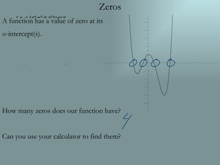 Zeros A function has a value of zero at its x -intercept(s). How many zeros does our function have? Can you use your calculator to find them? 