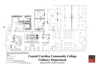 BUILDING FOOTPRINT = 6,584 SF WITHOUT WALK-IN COOLER
= 6,884 SF WITH WALK-IN COOLER (+300 SF)
BUILDING INTERIOR AREA = GROSS AREA = 6,236 SF WITHOUT WALK-IN COOLER
= 6,511 SF WITH WALK-IN COOLER (+275 SF)
Coastal Carolina Community College
Culinary Department
Jacksonville, North Carolina
EXIST DISH
AREA
13'-0" X 12'-4"
COOK LINE #2
INSTRUCTIONAL
KITCHEN
33'-3" X 9'-2"
SERVER- PICKUP LINE
EXIST.
DRY
STORAGE
9'-6" X 18'-3"
EXIST.
ELEC.
EXIST.
WALK-IN
COOLER
19'-4" X 9'-6"
EXIST.
WALK-IN
FREEZER
9'-0" X 9'-6"
PREP
AREA
EXIST.
BAR
HOST
STAND
EXIST.
ENTRY
OPEN
DINING
MEN'S
WOMEN'S
PURCHASING
/ COUNSELING
COOK LINE #1
WAIT
STATION
INSTRUCTOR'S
OFFICE
(3- SHARED)
14'-2" X 19'-3"
(40)STUDENTLOCKERS
CLASSROOM #1
20'-0" X 35'-4"
CLASSROOM #2
20'-0" X 35'-4"
Scale: 1/4" = 1'-0"
Renovation Floor Plan (OPTION#1)
12'-0"MARKERBOARD
12'-0"MARKERBOARD
COLD
FOOD
PREP
AREA
SERVER-COLDFOOD
PICKUPLINE
OPEN
JAN.
STOR.
SEATED WAITING
AREA
EXIST.
H.W.
G
G
2448
2460
2436
POSPOS
AIRIN
2448 2448
2460
2460 2448 2472
24362472
2448
1460
2448
24362460
18"Plate
SpreaderFryer24" Char-
Broiler
on 24" Equip.
Stand
Exist. 36" griddle
on 36" Equip.
Stand
18"Plate
Spreader
New (10) Burner Stove
w/ Standard Double Oven
Steam Kettle
on 30" Equip.
Stand
G
(4) Burner
Stove W/
Stand. Oven
Exist.
Convection
Double Deck
Oven
E1
G
18"Plate
Spreader
Fryer
18"Plate
Spreader
Exist (10) Burner Stove
W/ Exist. Equip. Stand.
(4) Burner
Stove W/
Stand. Oven
Convection
Double Deck
Oven
Infra-Red
Salamander
Broiler
Infra-Red
Salamander
Broiler
24" Char-
Broiler
on 24" Equip.
Stand
36" griddle
on 36" Equip.
Stand
20"x15"
cutting
board
20"x15"
cutting
board
20"x15"
cutting
board
20"x15"
cutting
board
20"x15"
cutting
board
20"x15"
cutting
board
20"x15"
cutting
board
20"x15"
cutting
board
20"x15"
cutting
board
20"x15"
cutting
board
20"x15"
cutting
board
20"x15"
cutting
board
20"x15"
cutting
board
20"x15"
cutting
board
20"x15"
cutting
board
20"x15"
cutting
board
E1
Steam Kettle
on 30" Equip.
Stand
20"x15"
cutting
board
20"x15"
cutting
board
20"x15"
cutting
board
20"x15"
cutting
board
20"x15"
cutting
board
20"x15"
cutting
board
20"x15"
cutting
board
20"x15"
cutting
board
20"x15"
cutting
board
20"x15"
cutting
board
20"x15"
cutting
board
20"x15"
cutting
board
20"x15"
cutting
board
20"x15"
cutting
board
20"x15"
cutting
board
20"x15"
cutting
board
PROVIDE NEW
COVERED AREA
OVER EXISTING
EXTERIOR
CAN WASH
VIEWING
WINDOW
GLASS HALF
WALL DIVIDER
1460
LEGEND
EXISTING WALLS TO REMAIN
NEW INTERIOR WALLS TO
MATCH EXISTING
EXIST.
HAND
SINK
EXIST.
HAND
SINK
EXIST.
DISH
MACHINE
and Table
EXIST.
3-COMPARTMENT SINK
3672 3672 3672 3672
36723672367236723672367236723672
ICE
MACHINE
CAN RACK
EXIST.
PAN RACK
EXIST.
PAN RACK
EXIST.
SHELVING
EXIST.
SHELVING
EXIST.
SHELVING
EXIST.
SHELVING
EXIST.
SHELVING
EXIST.
SHELVING
EXIST.
SHELVING
EXIST.
SHELVING
EXIST.
SHELVING
EXIST.
SHELVING
EXIST.
SHELVING
EXIST.
SHELVING
EXIST.
SHELVING
EXIST.
SHELVING
EXIST.
PREP
TABLE
REACH-IN
REFRIG.
WORK
TABLE
REFRIG.
WORK
TABLE
REFRIG.
SLICER
2-COMP SINK
60"PREPSINK
MOVABLE
WORK TABLE
MOVABLE
WORK TABLE
MOVABLE
WORK TABLE
MOVABLE
WORK TABLE
30483048
2-COMPSINK
MicrowaveMicrowave
Soup
Well
SinkSink
refrig. salad unitrefrig. salad unit
Custom Chef Counter
breaker
panel
refrig.saladunitrefrig.saladunit
4 bay steam table bay
refrig. salad
unit
DC
G
 